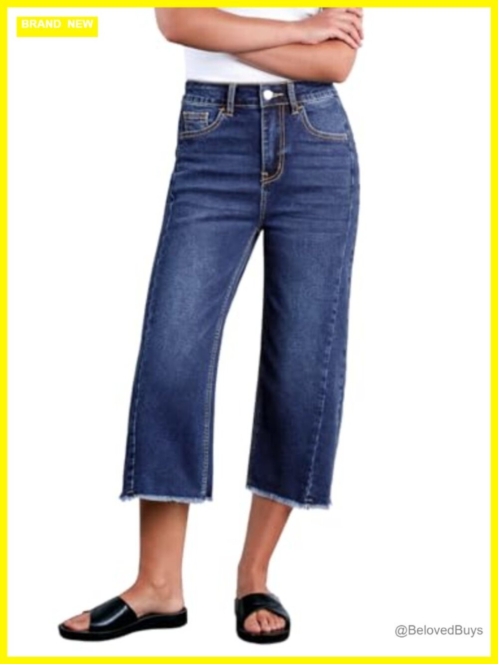 High Waisted Wide Leg Capri Jeans Raw Hem Stretchy Denim Pants